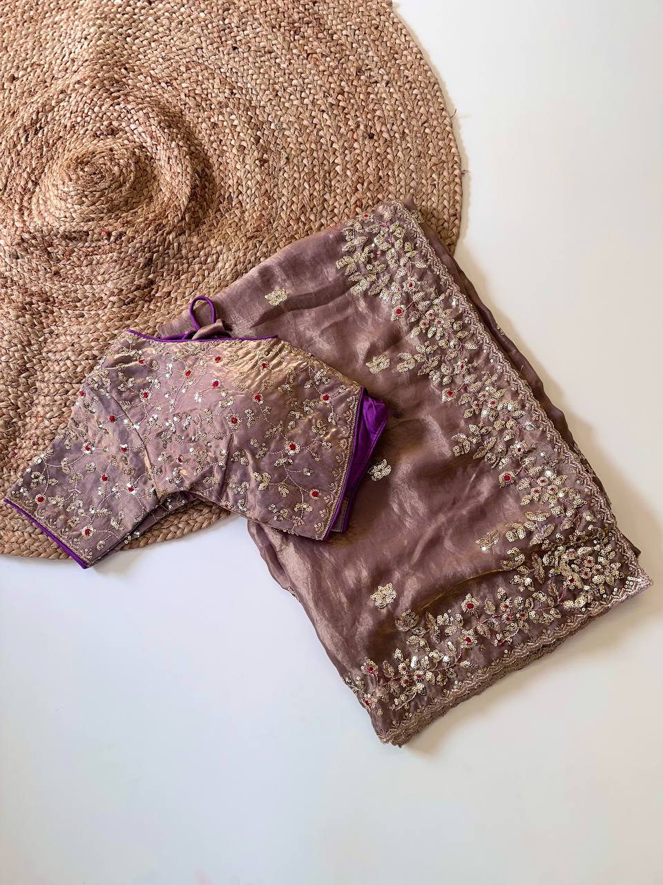 Taupe Mauve Pure Soft Fandy Satin Silk Saree with All-Over Floral Sequence Embroidery & Multi Border Aarco Work
