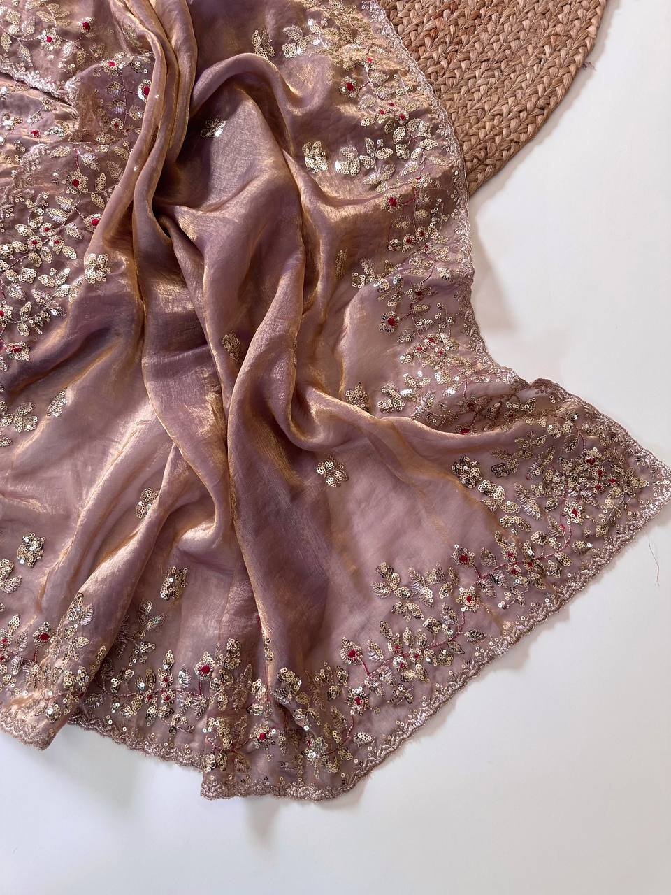 Taupe Mauve Pure Soft Fandy Satin Silk Saree with All-Over Floral Sequence Embroidery & Multi Border Aarco Work