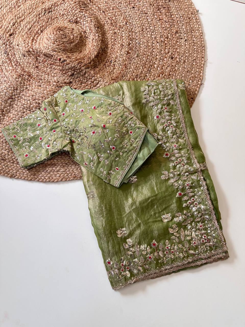 Mehendi Green Pure Soft Fandy Satin Silk Saree with All-Over Floral Sequence Embroidery & Multi Border Aarco Work