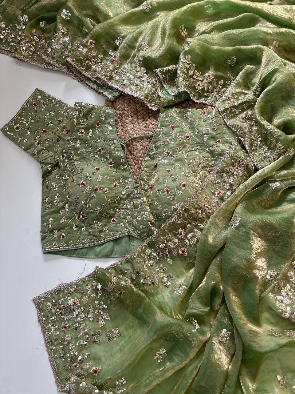 Mehendi Green Pure Soft Fandy Satin Silk Saree with All-Over Floral Sequence Embroidery & Multi Border Aarco Work