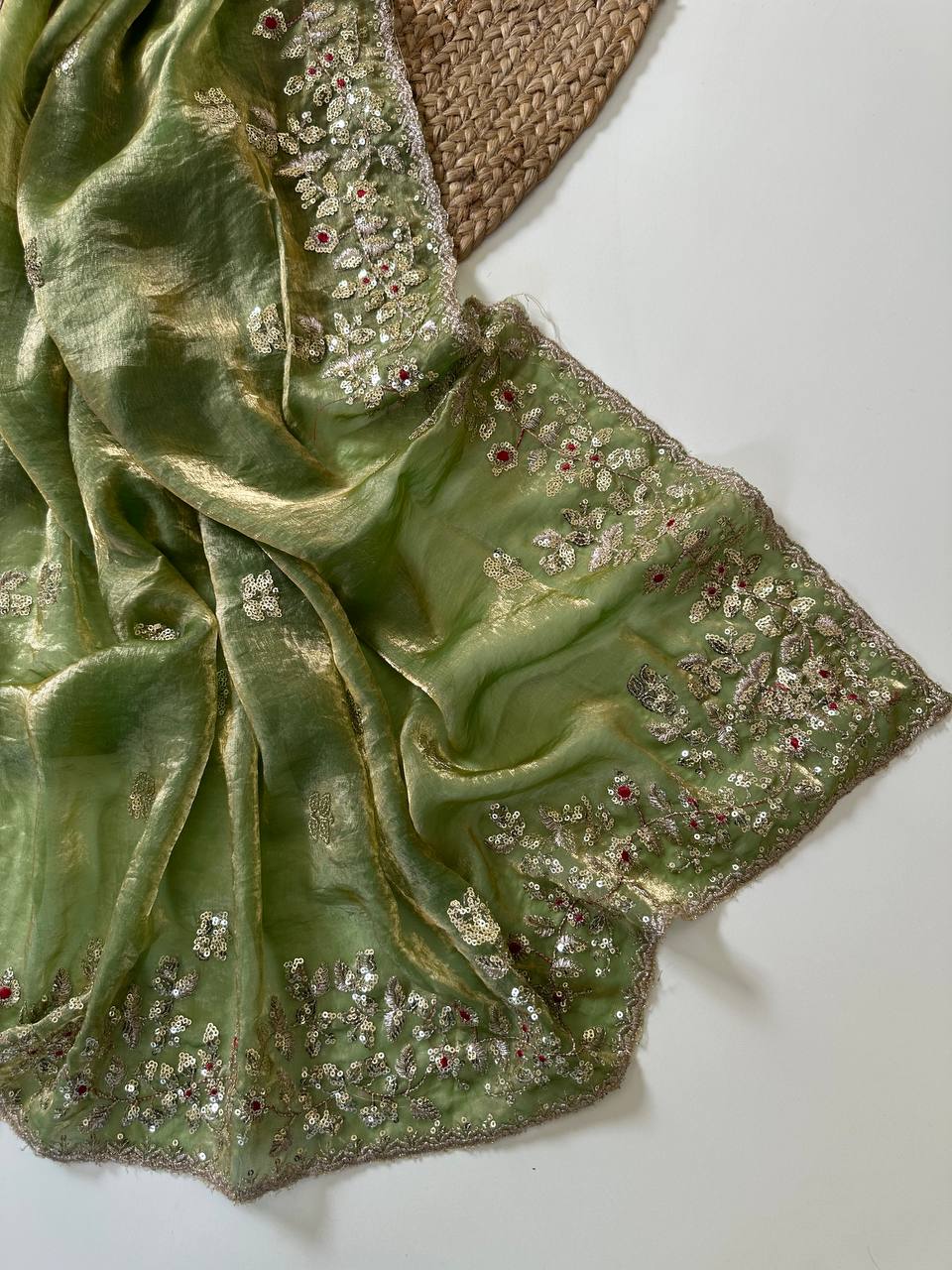 Mehendi Green Pure Soft Fandy Satin Silk Saree with All-Over Floral Sequence Embroidery & Multi Border Aarco Work