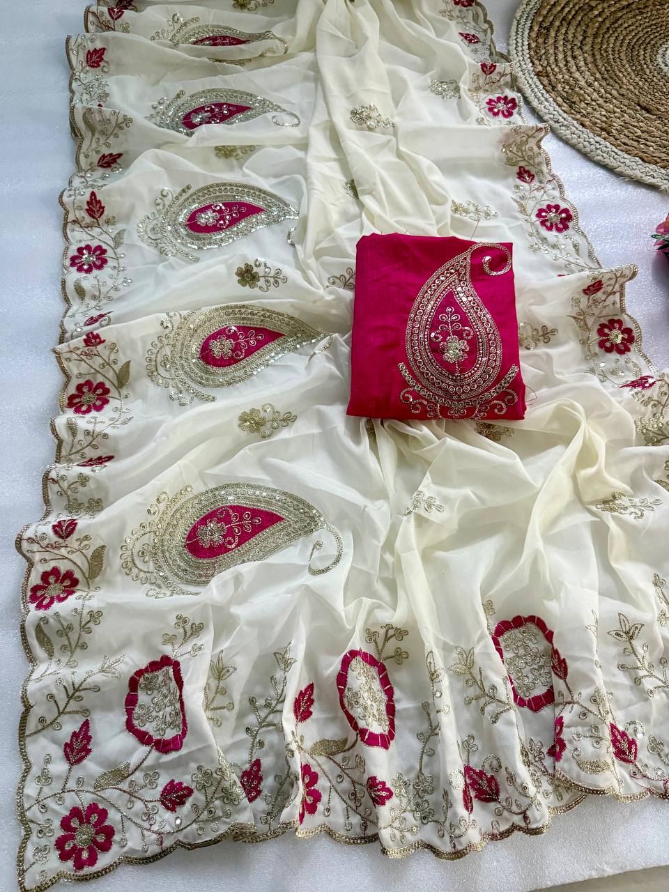 Off-White Pure Star Georgette Saree with Rani Pink Banglori Satin Embroidered Blouse