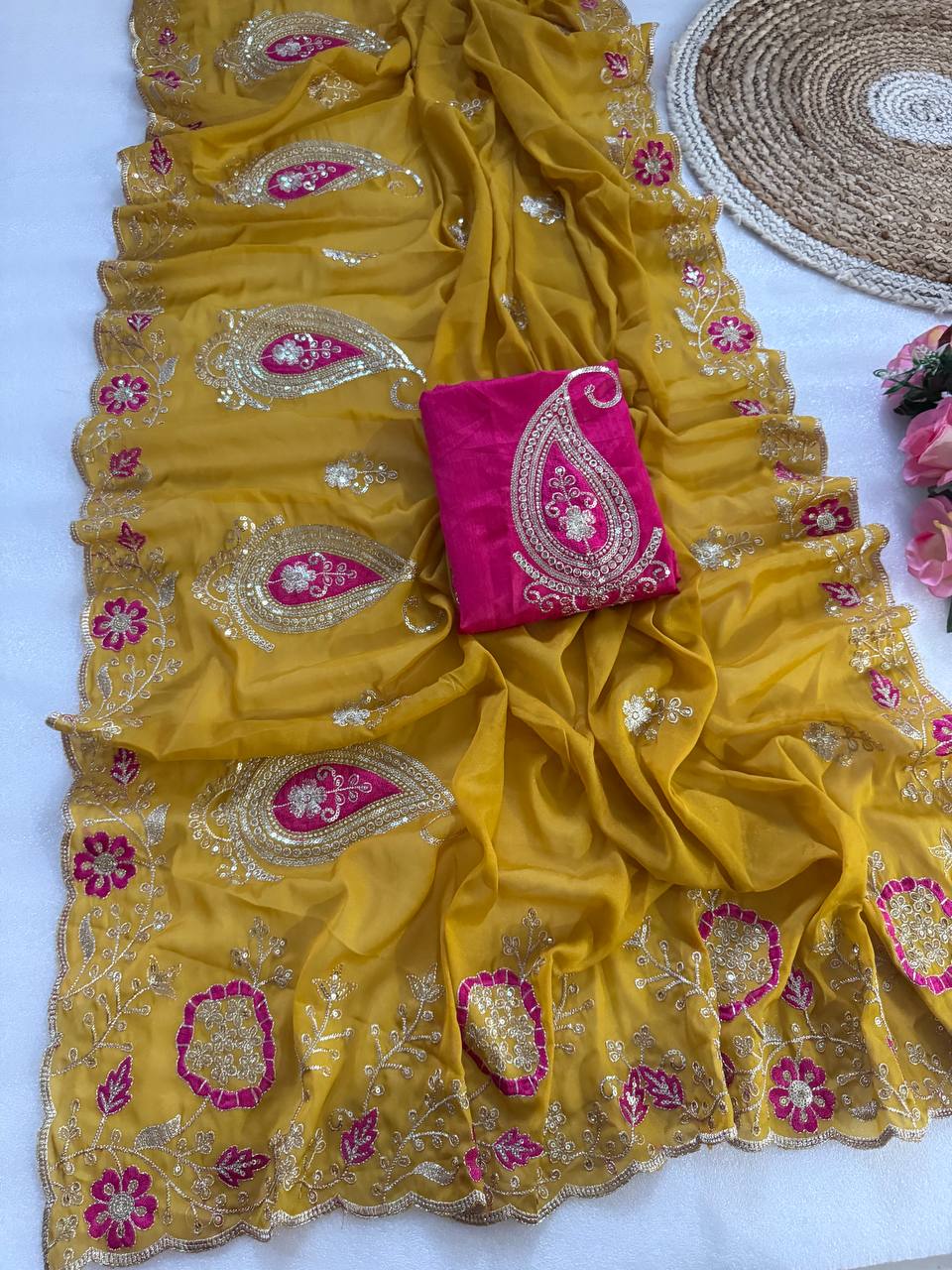 Mustard Yellow Pure Star Georgette Saree with Rani Pink Banglori Satin Embroidered Blouse