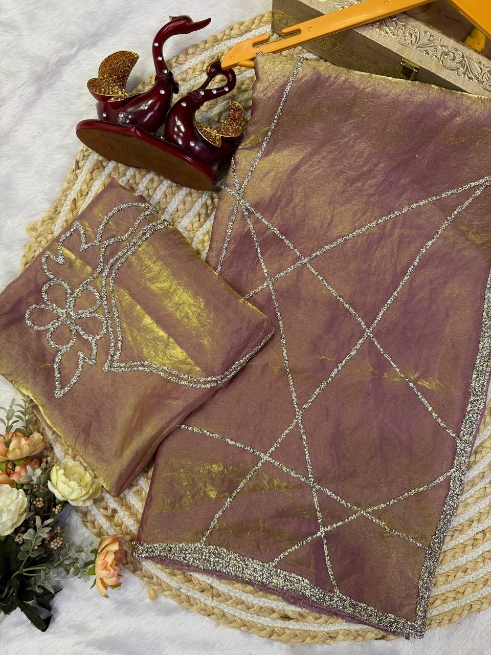 Party Wear Dusty Peach NC Silk Diamond Work Saree
