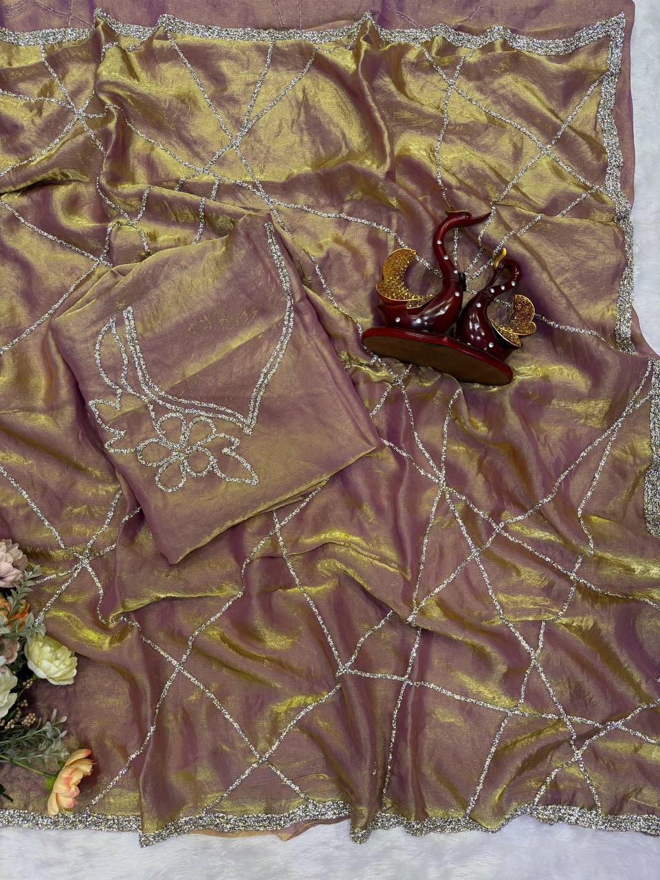 Party Wear Dusty Peach NC Silk Diamond Work Saree