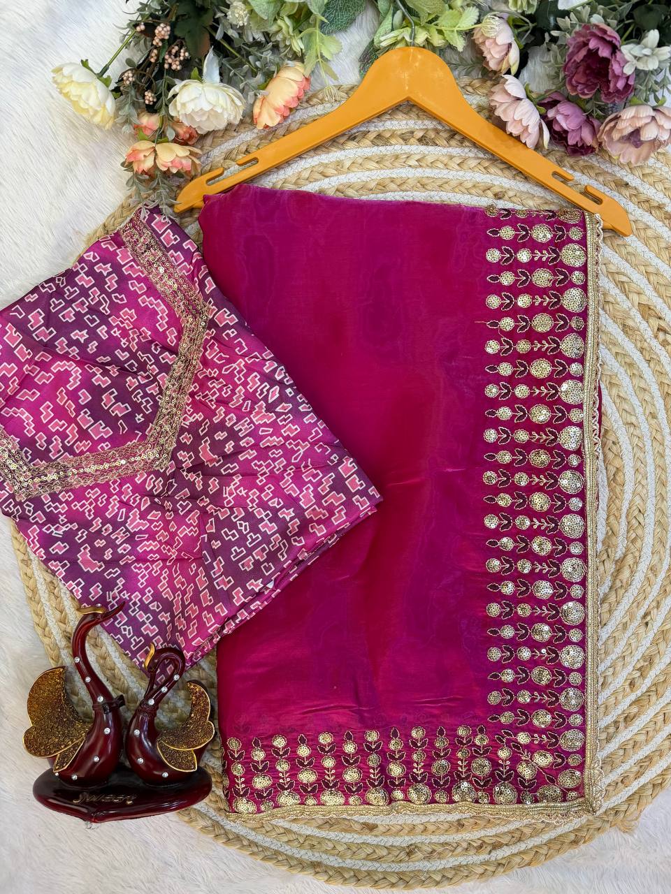 Rani Pink Satin Silk Embroidery Work Saree For Women