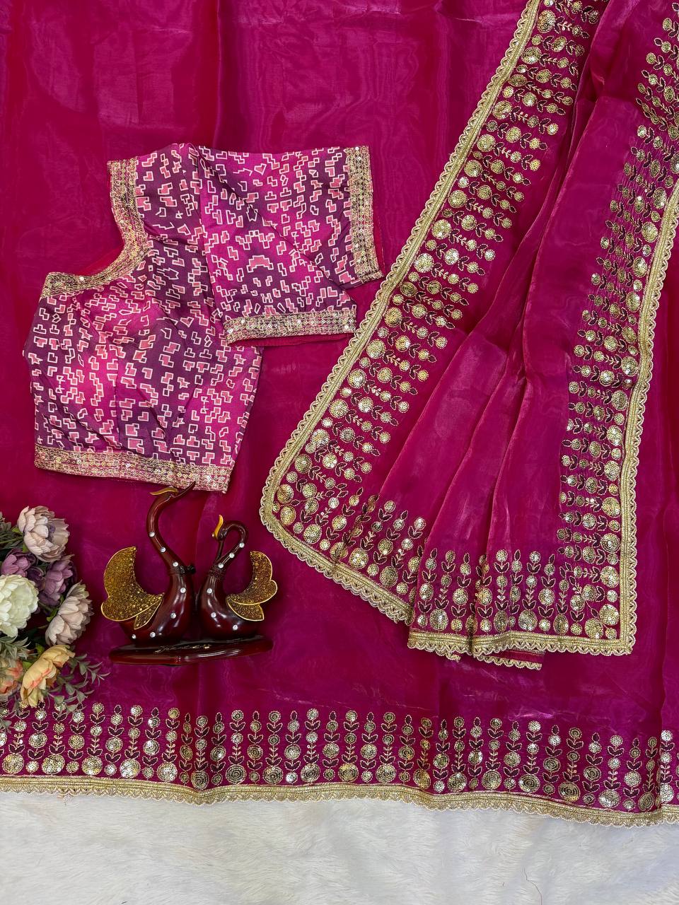Rani Pink Satin Silk Embroidery Work Saree For Women