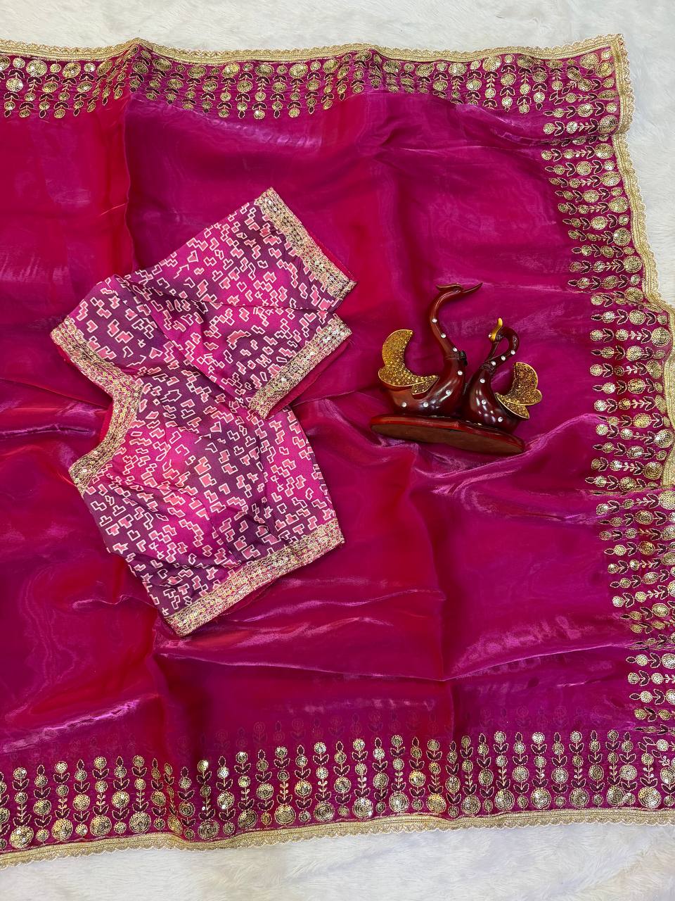 Rani Pink Satin Silk Embroidery Work Saree For Women