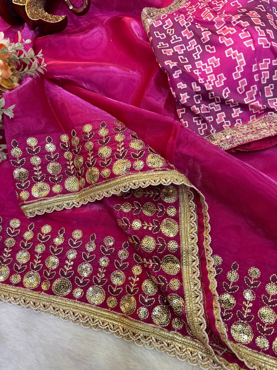Rani Pink Satin Silk Embroidery Work Saree For Women