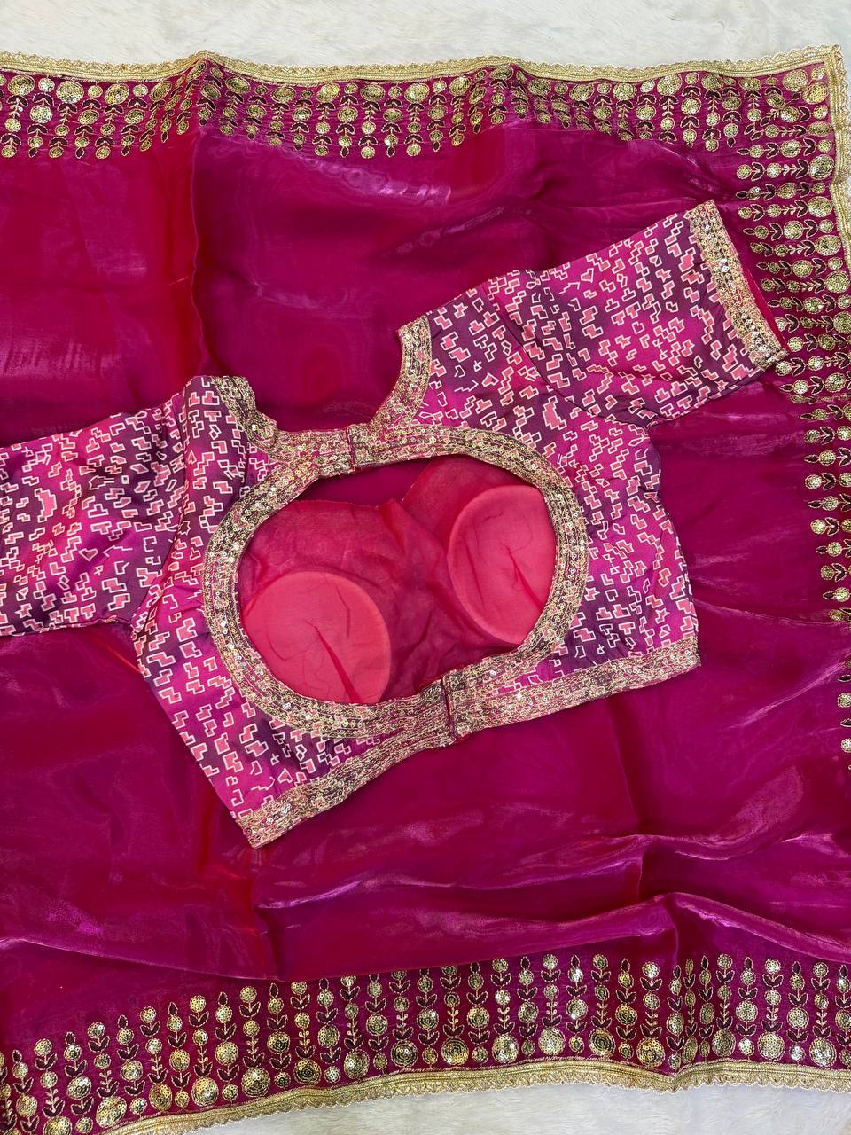 Rani Pink Satin Silk Embroidery Work Saree For Women