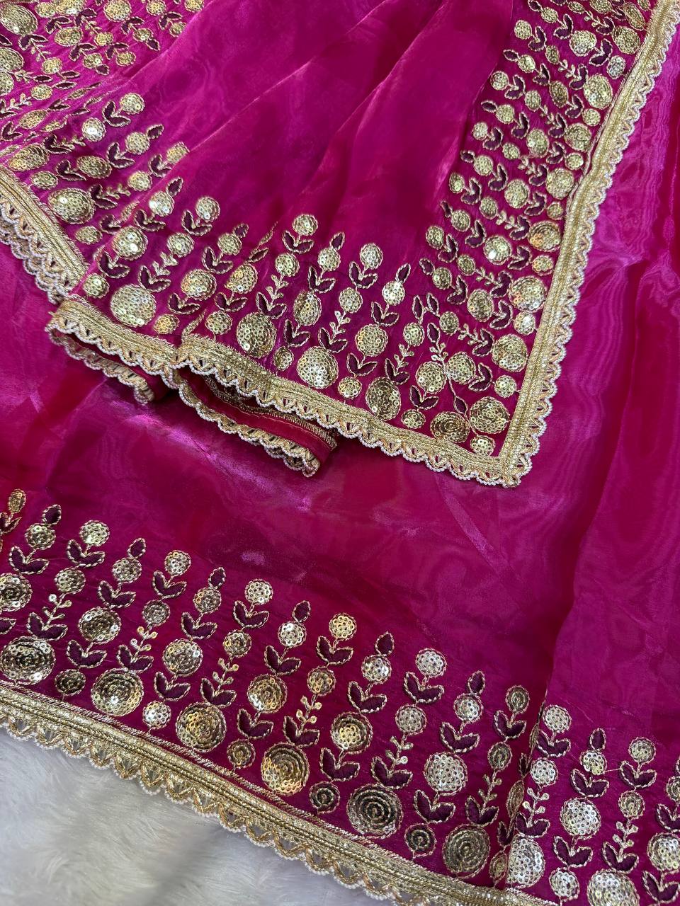 Rani Pink Satin Silk Embroidery Work Saree For Women