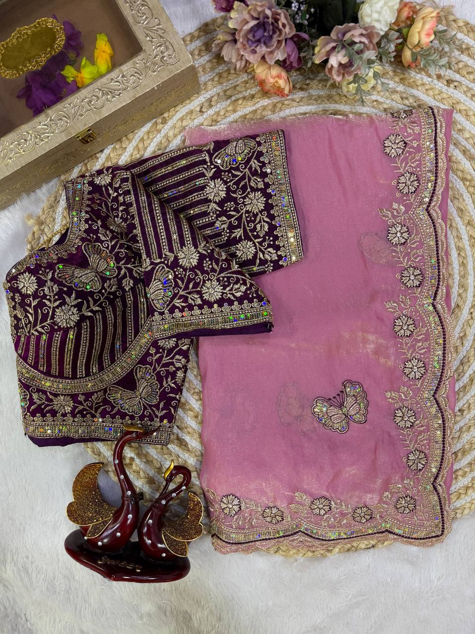 Mauve Pink Fandy Silk Saree with Butterfly Embroidery