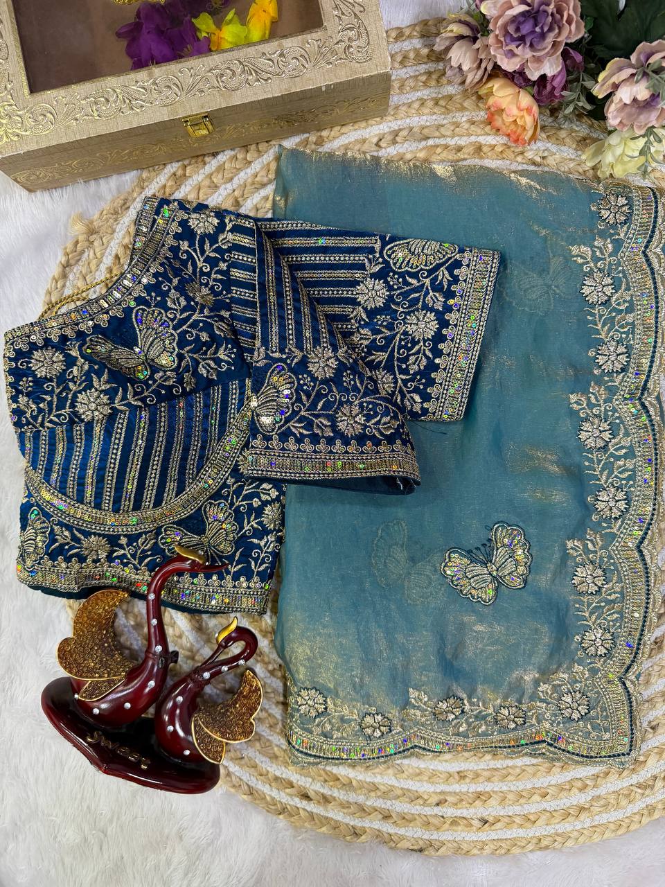 Teal Blue Fandy Silk Party Wear Saree with Sequined Scallop Embroidery Border