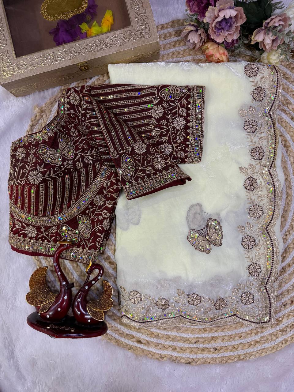 Ivory White Fandy Silk Butterfly Patchwork Saree