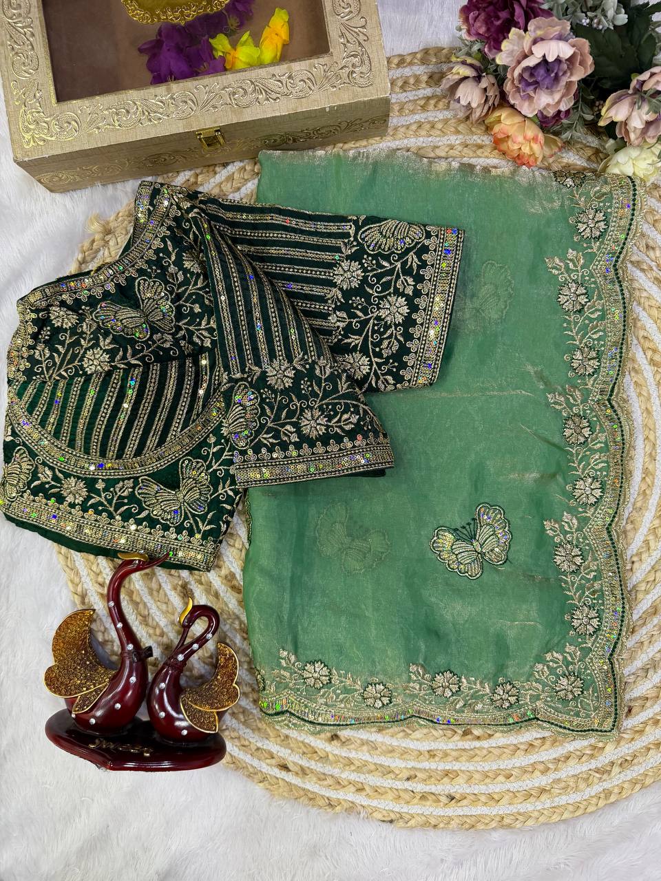 Sage Green Fandy Silk Designer Saree with Floral Sequin Embroidery