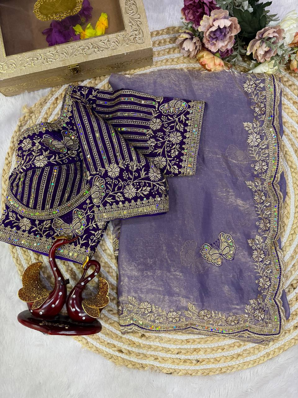 Lilac Lavender Fandy Silk Butterfly Embroidery Work Saree