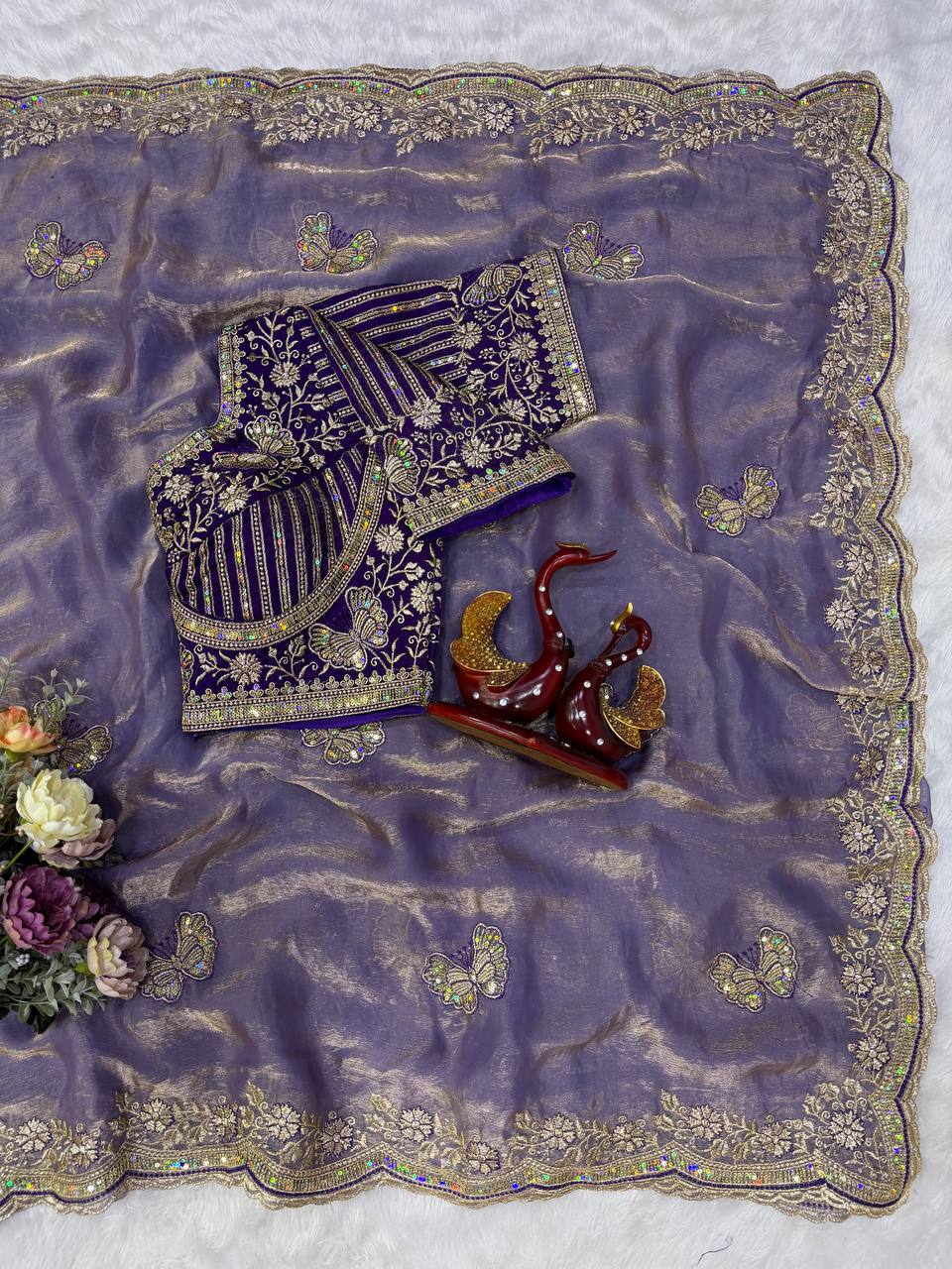 Lilac Lavender Fandy Silk Butterfly Embroidery Work Saree