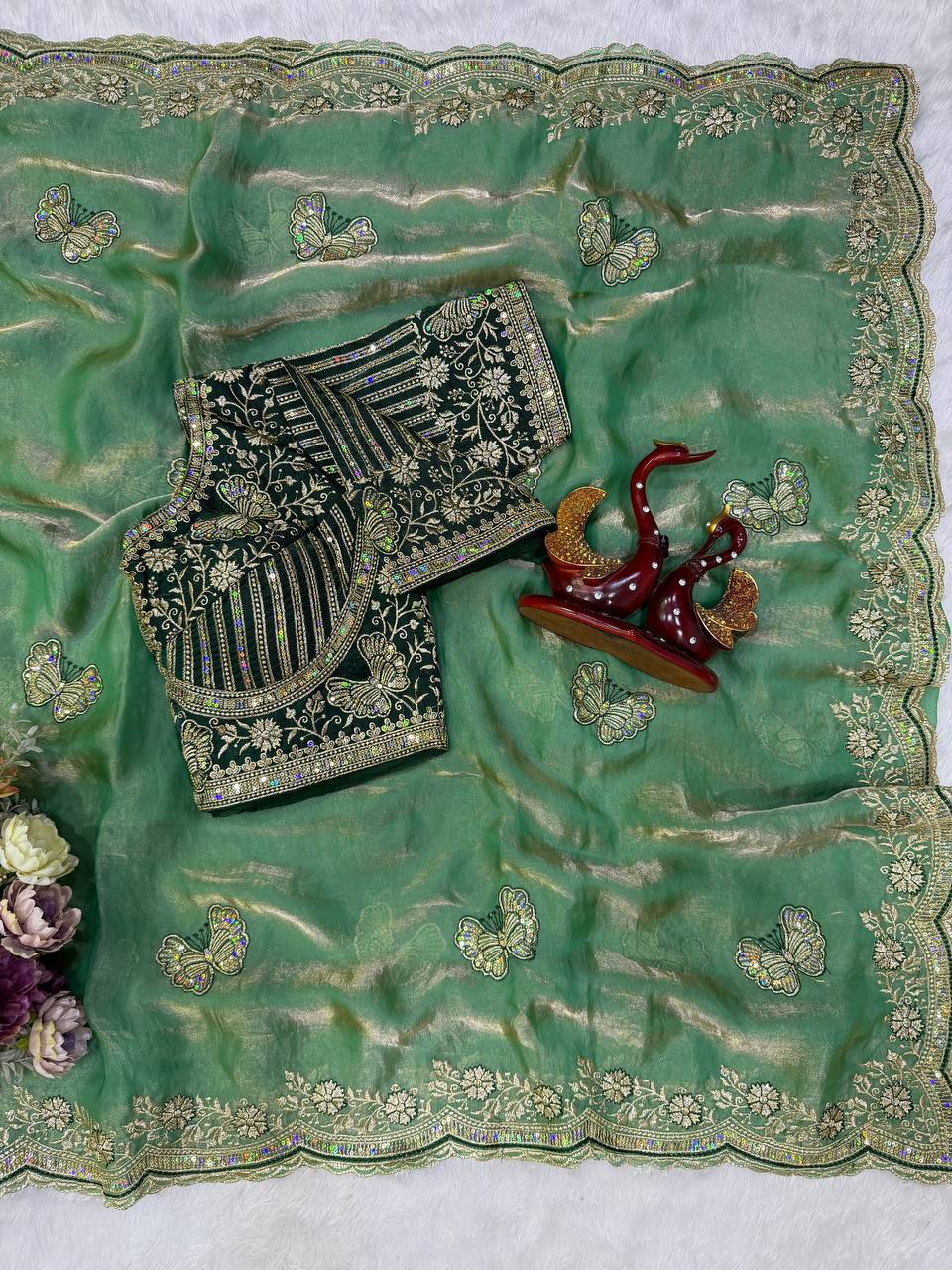 Sage Green Fandy Silk Designer Saree with Floral Sequin Embroidery