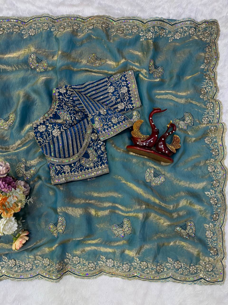 Teal Blue Fandy Silk Party Wear Saree with Sequined Scallop Embroidery Border