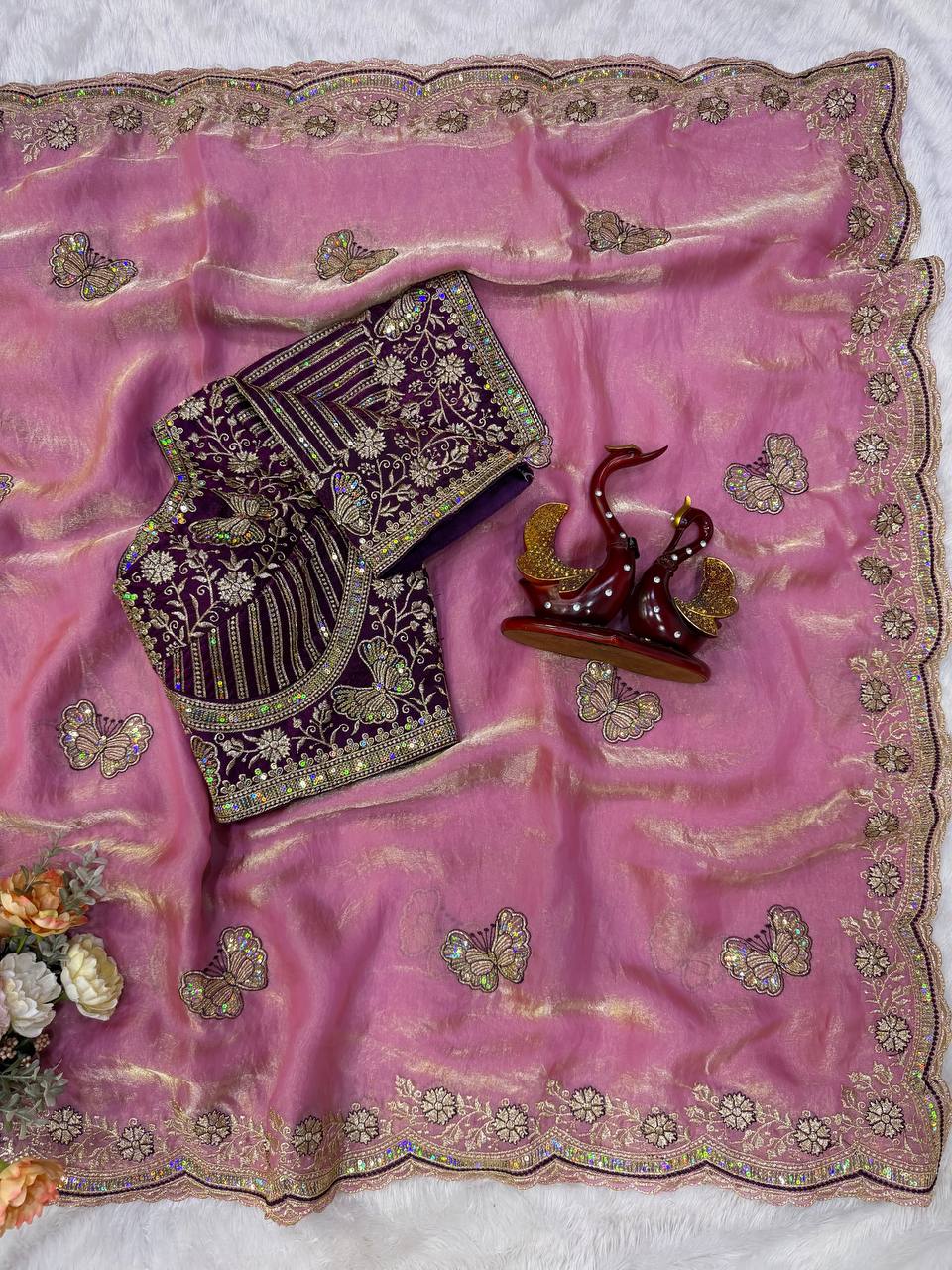 Mauve Pink Fandy Silk Saree with Butterfly Embroidery