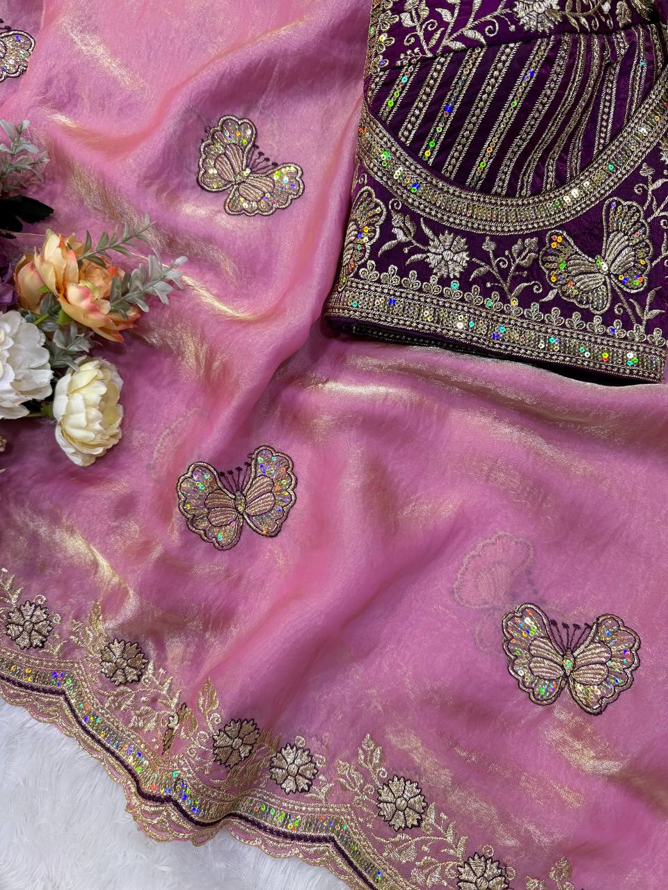 Mauve Pink Fandy Silk Saree with Butterfly Embroidery