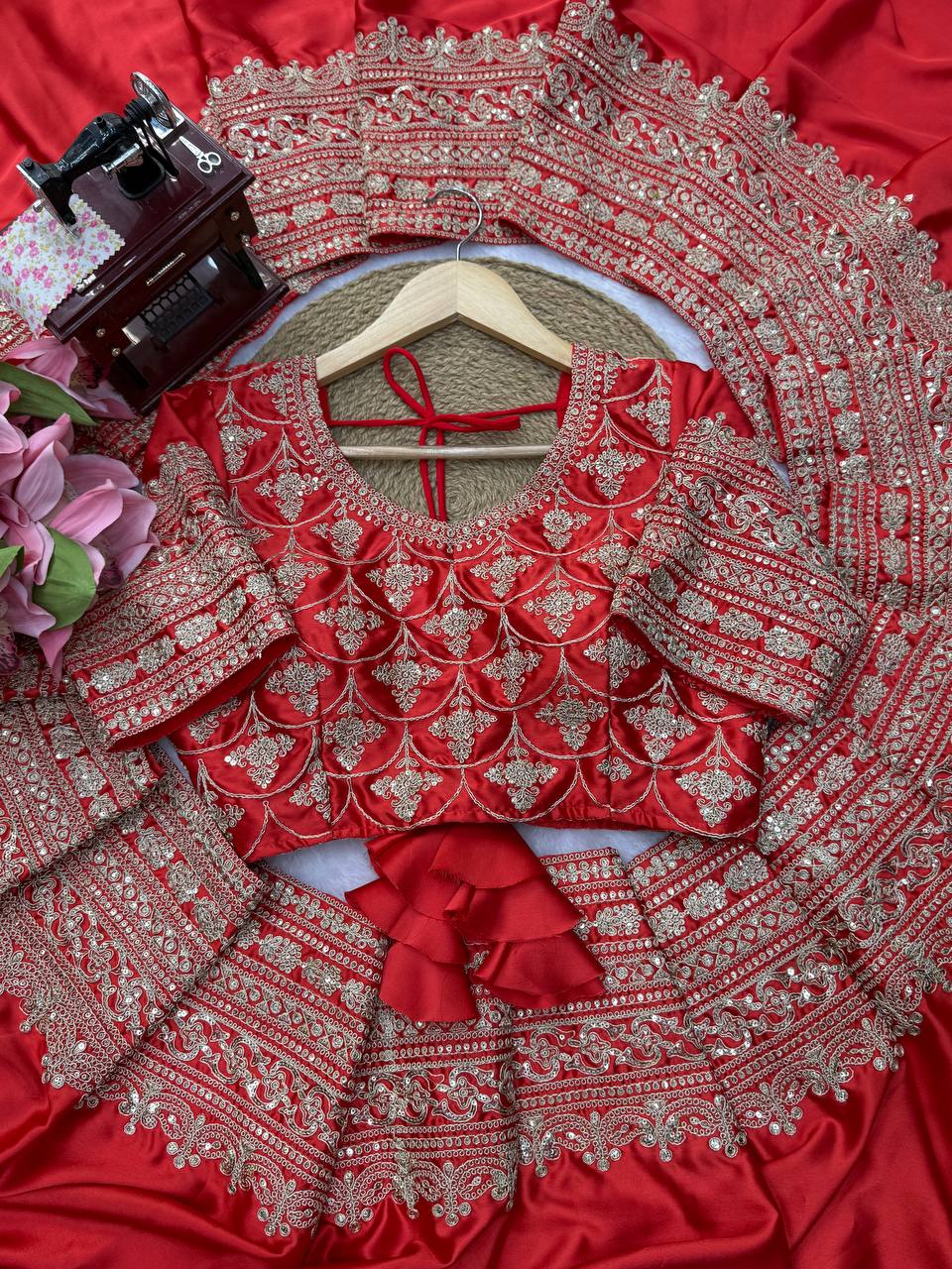 Bridal Red Japan Satin Saree with Heavy Embroidered Blouse Piece