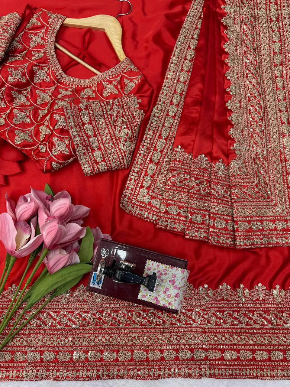 Bridal Red Japan Satin Saree with Heavy Embroidered Blouse Piece