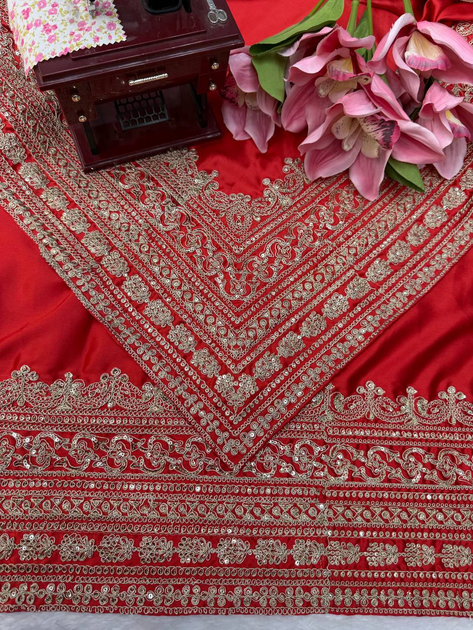 Bridal Red Japan Satin Saree with Heavy Embroidered Blouse Piece