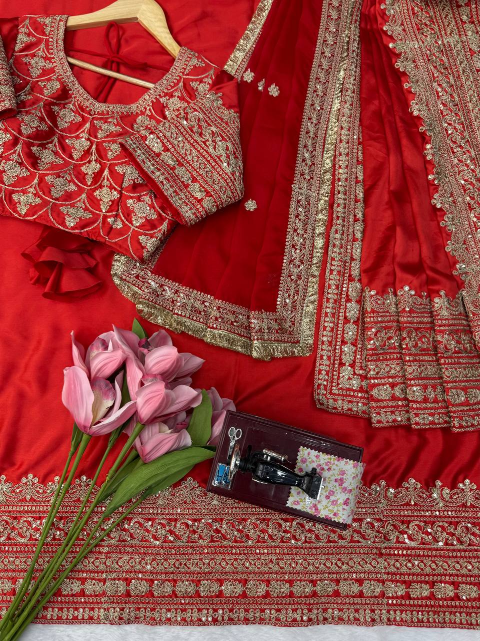 Bridal Red Japan Satin Saree with Heavy Embroidered Blouse Piece