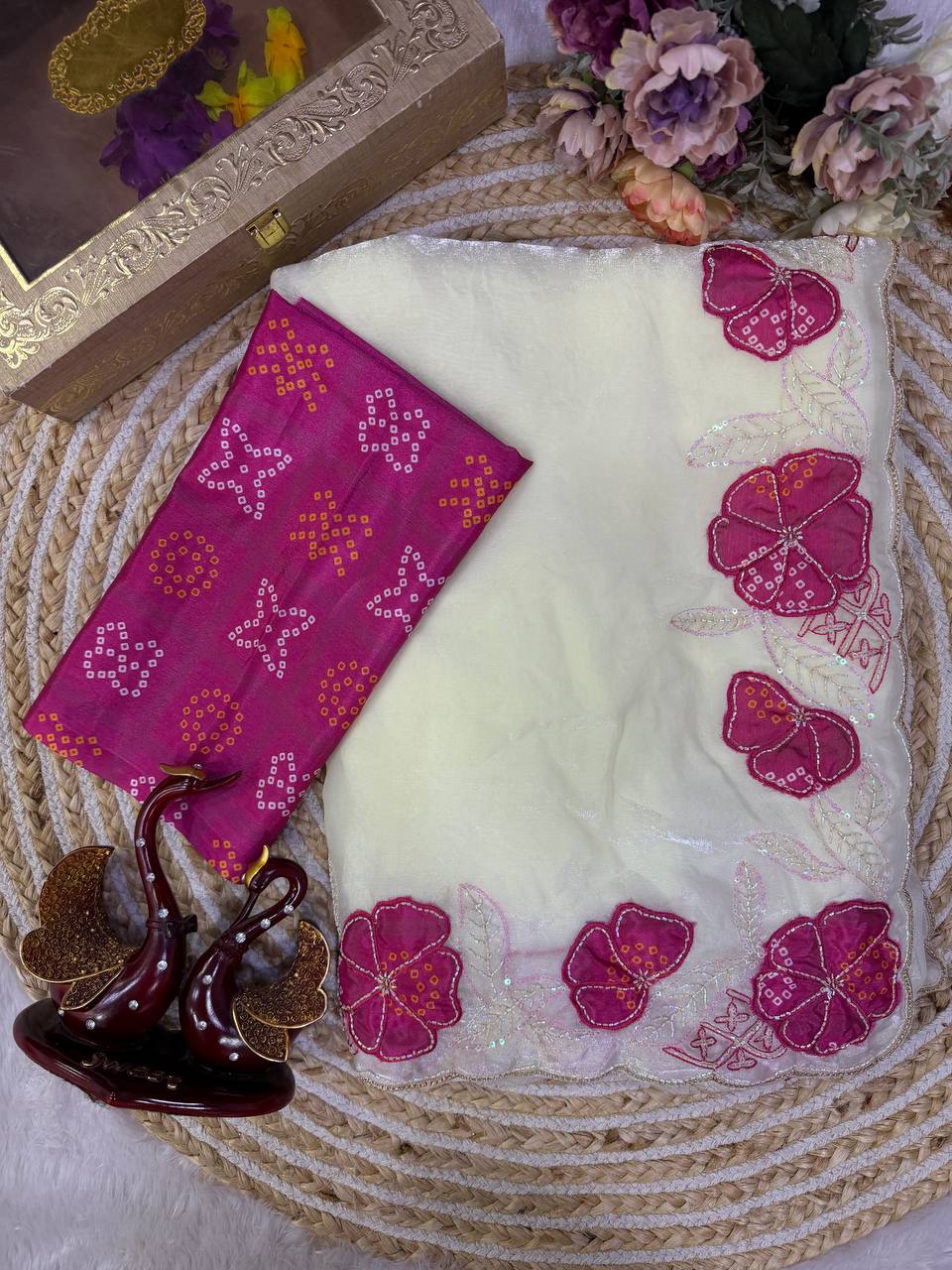 Off-White NC Silk Saree with Magenta Bandhani Floral Appliqué & Sequin Embroidery