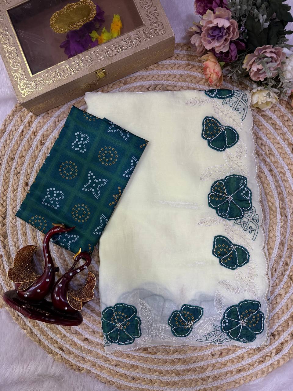 Cream NC Silk Saree with Dark Green Bandhani Cutwork Flowers & Sequin Embroidery