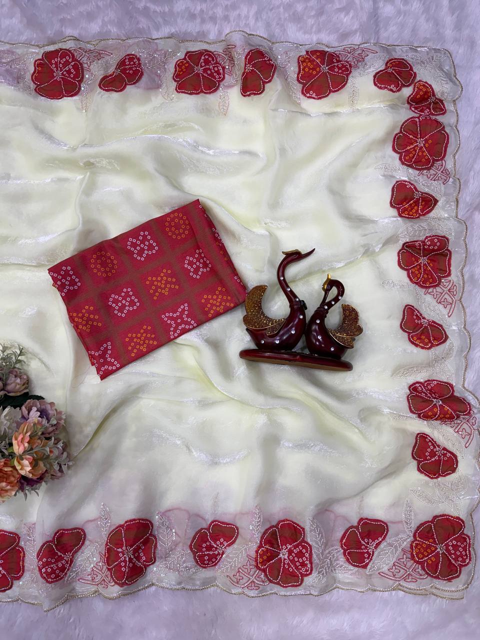 Off-White NC Silk Saree with Red Bandhani Floral Patches & Sequined Work