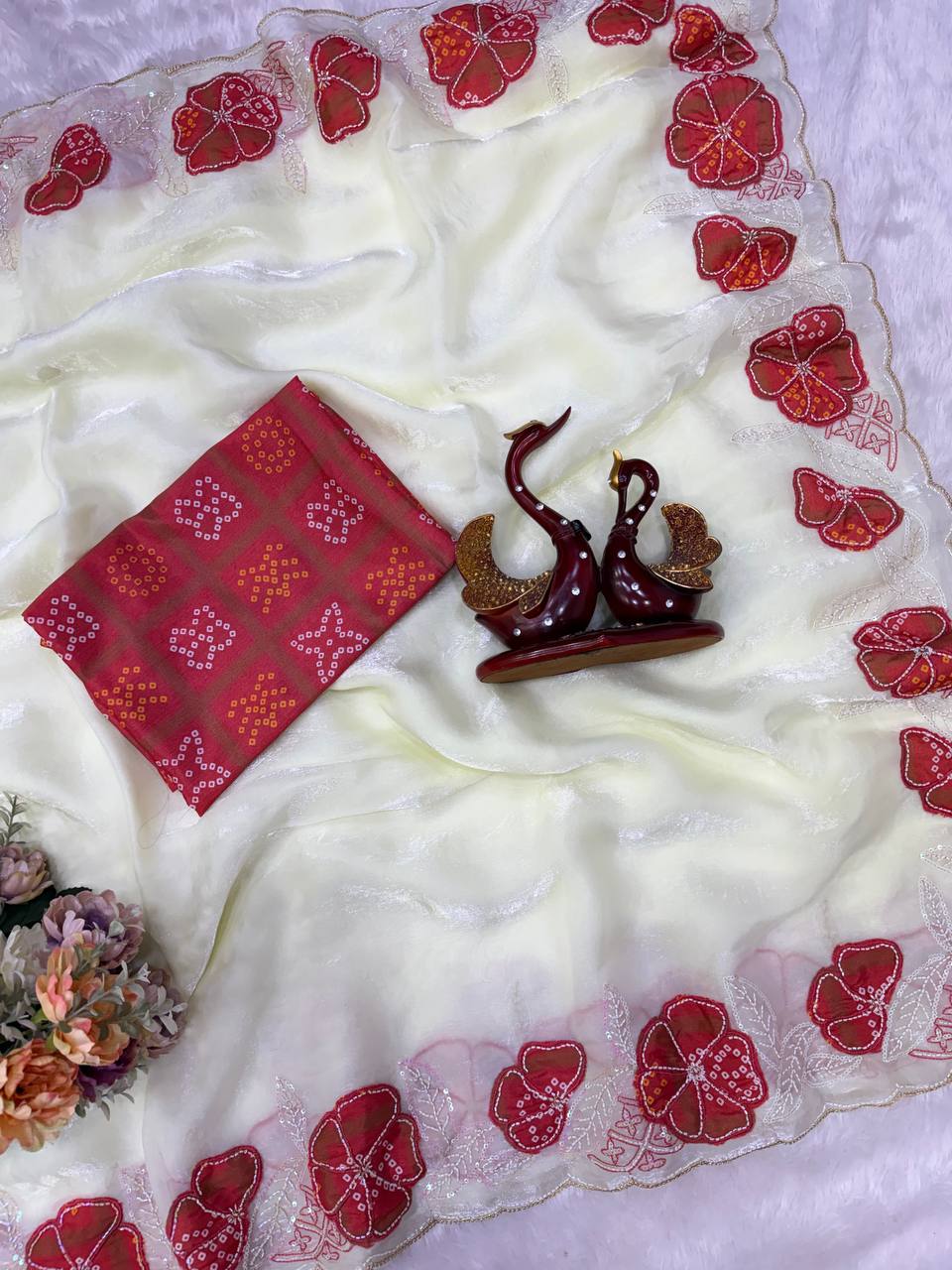 Off-White NC Silk Saree with Red Bandhani Floral Patches & Sequined Work