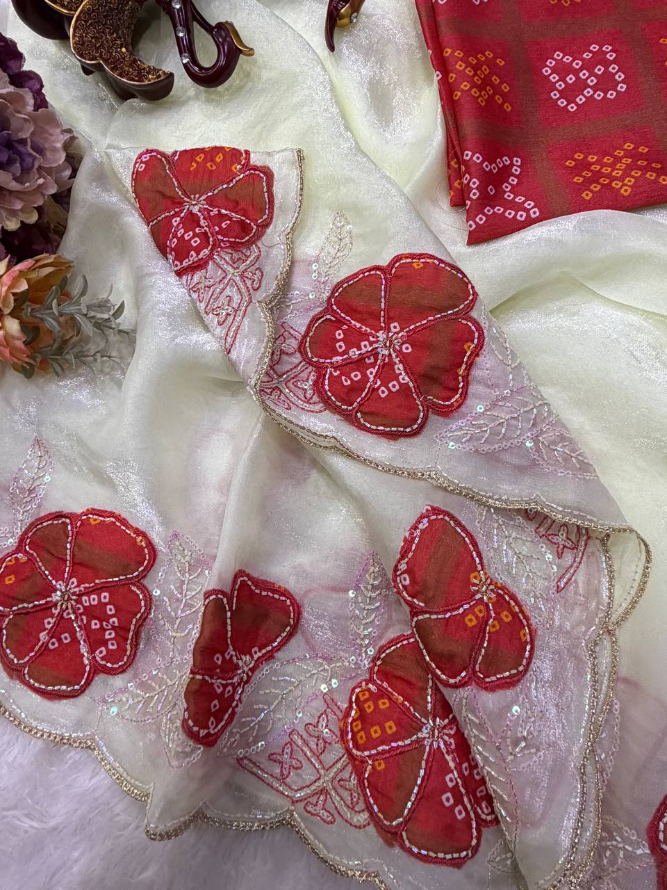 Off-White NC Silk Saree with Red Bandhani Floral Patches & Sequined Work