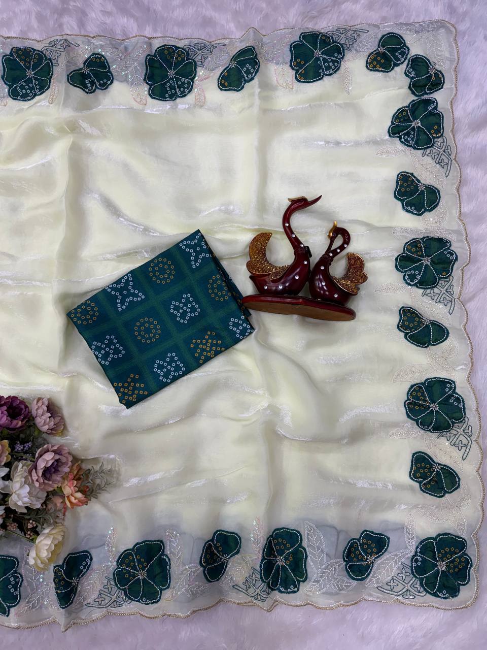 Cream NC Silk Saree with Dark Green Bandhani Cutwork Flowers & Sequin Embroidery