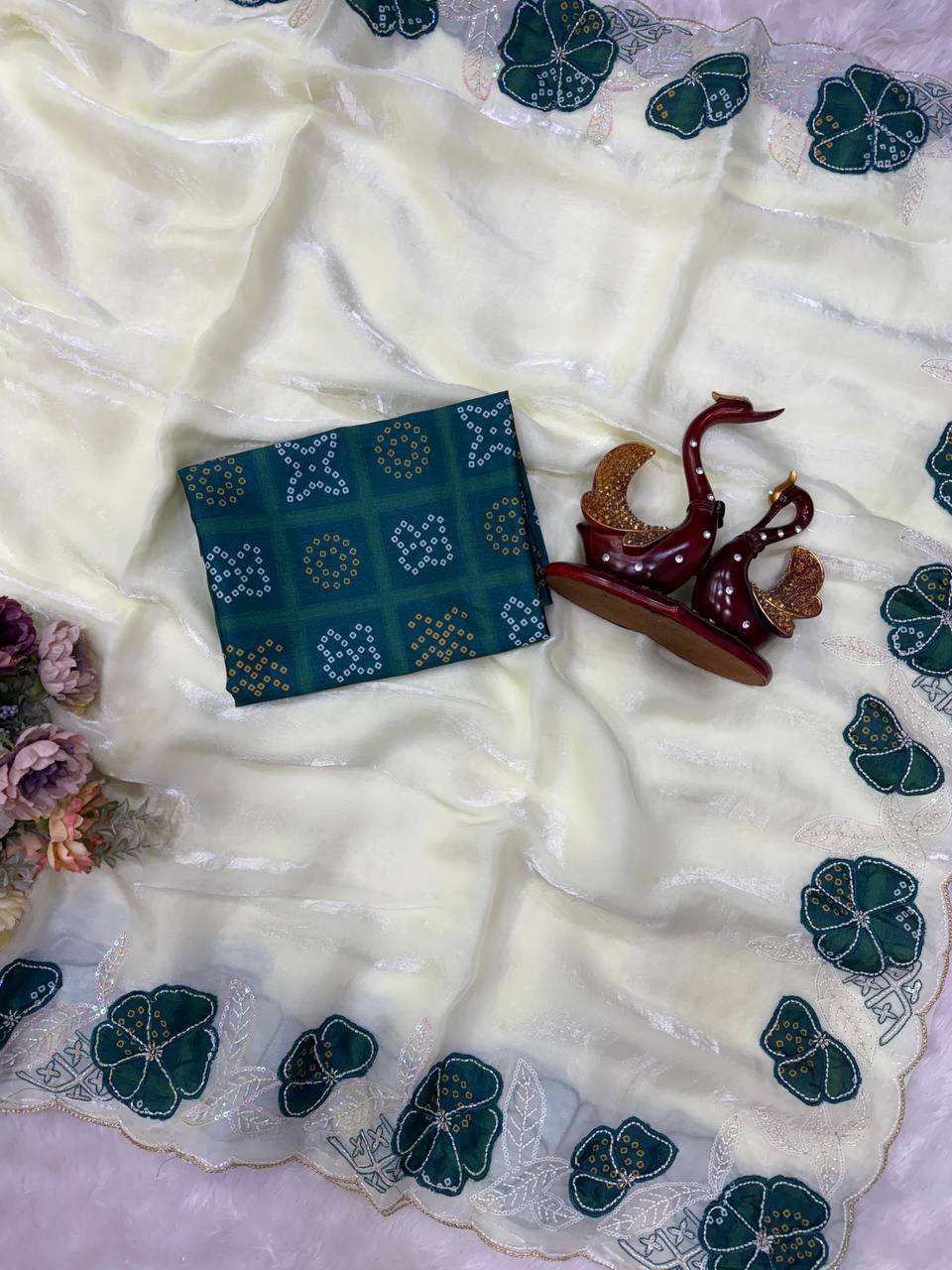 Cream NC Silk Saree with Dark Green Bandhani Cutwork Flowers & Sequin Embroidery