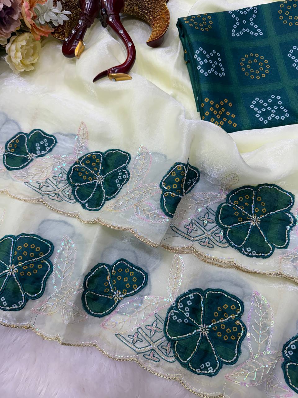 Cream NC Silk Saree with Dark Green Bandhani Cutwork Flowers & Sequin Embroidery