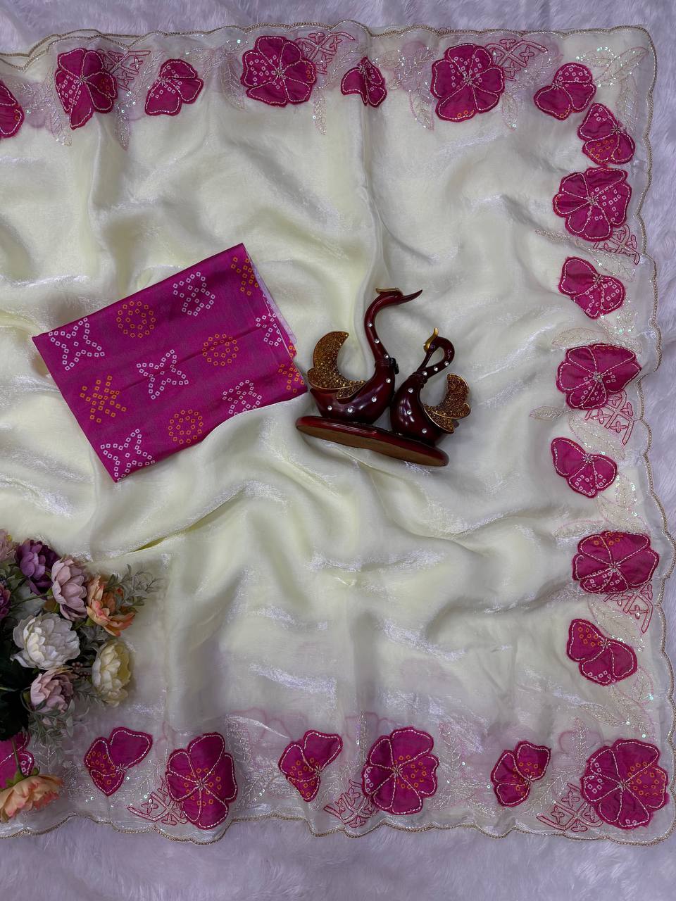Off-White NC Silk Saree with Magenta Bandhani Floral Appliqué & Sequin Embroidery