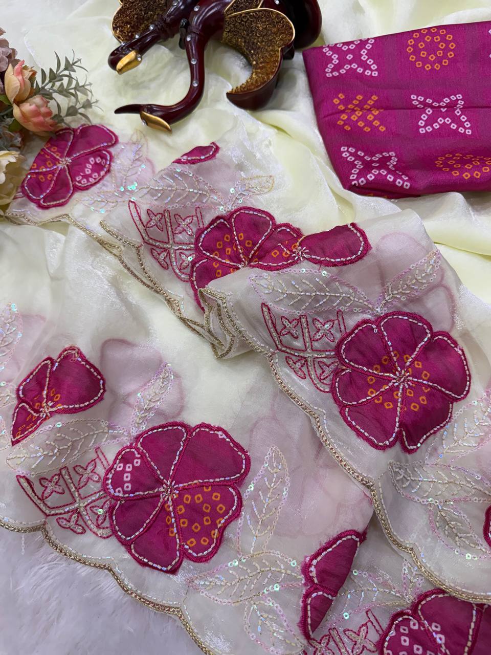 Off-White NC Silk Saree with Magenta Bandhani Floral Appliqué & Sequin Embroidery