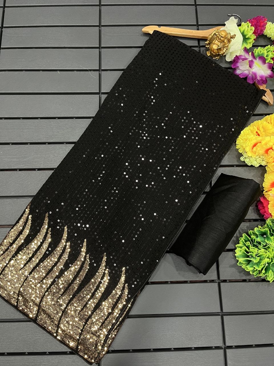 Cocktail Evening Black Georgette Saree featuring Heavy Golden Flame Sequin Work