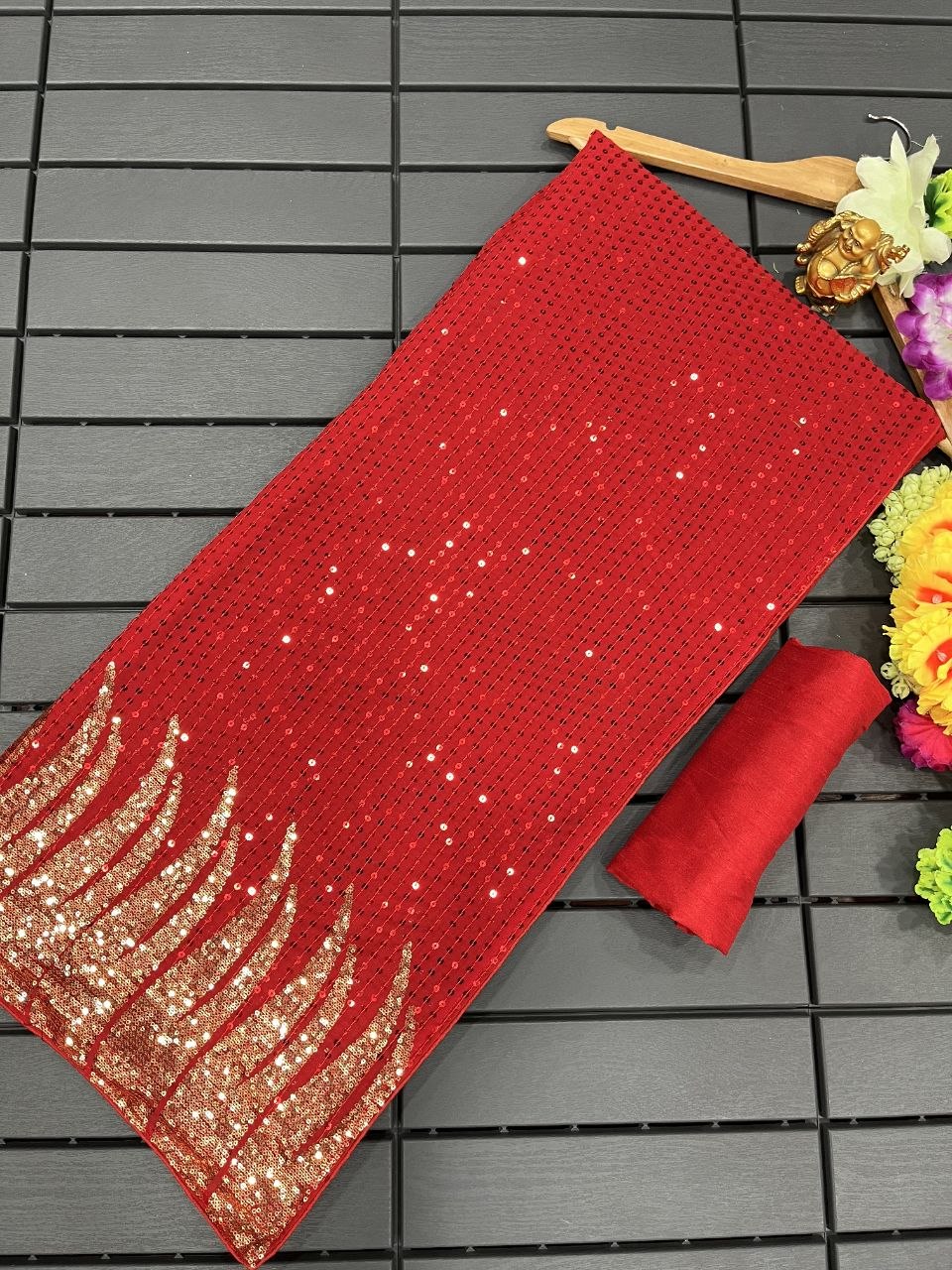Bollywood Designer Red Georgette Saree with Heavy Gold Sequin Feather Border