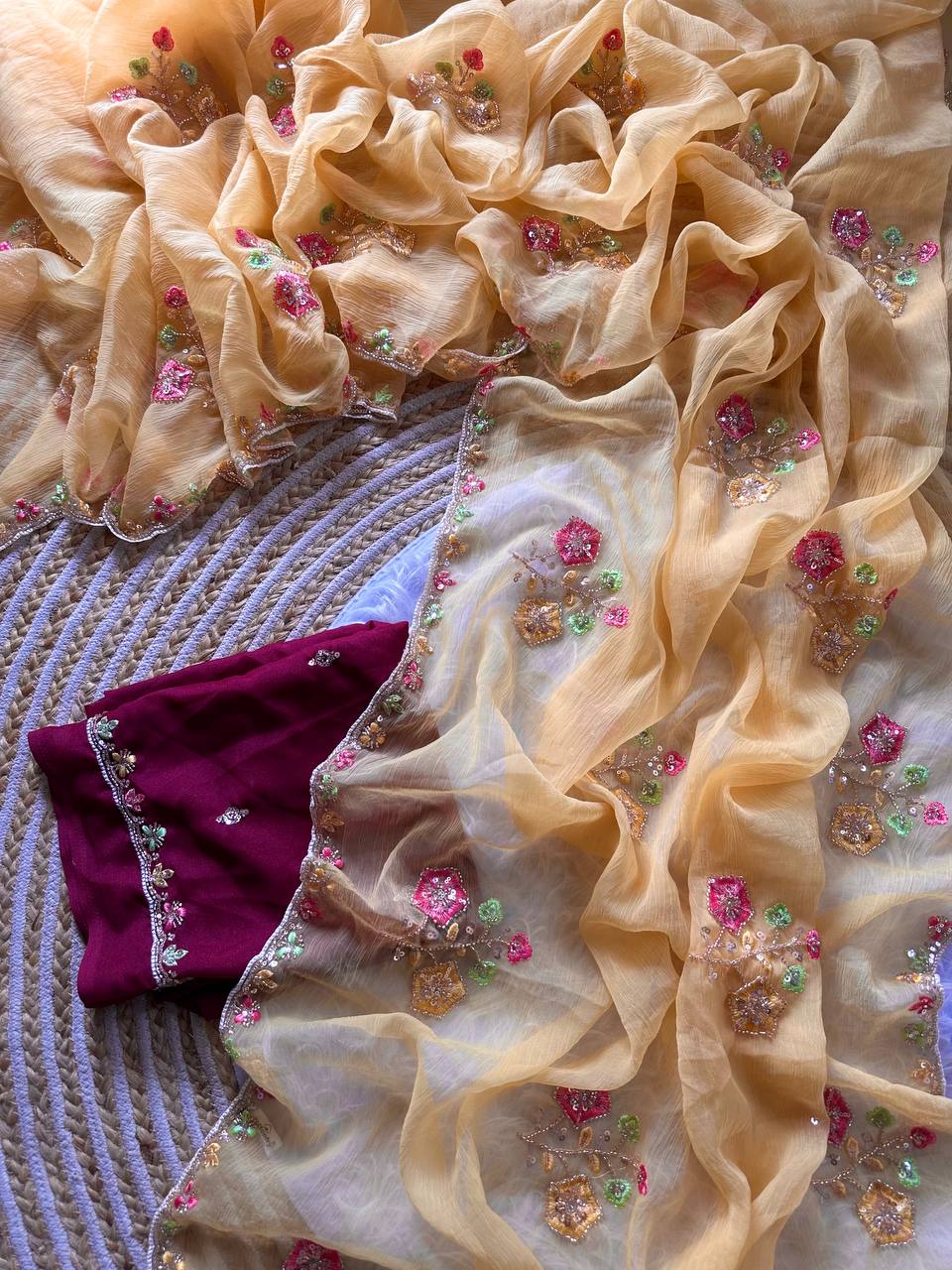 Golden Sand Pure Soft Wari Chiffon Silk Saree with Floral Sequence Cutdana Embroidery & Multi Border Aarco Work