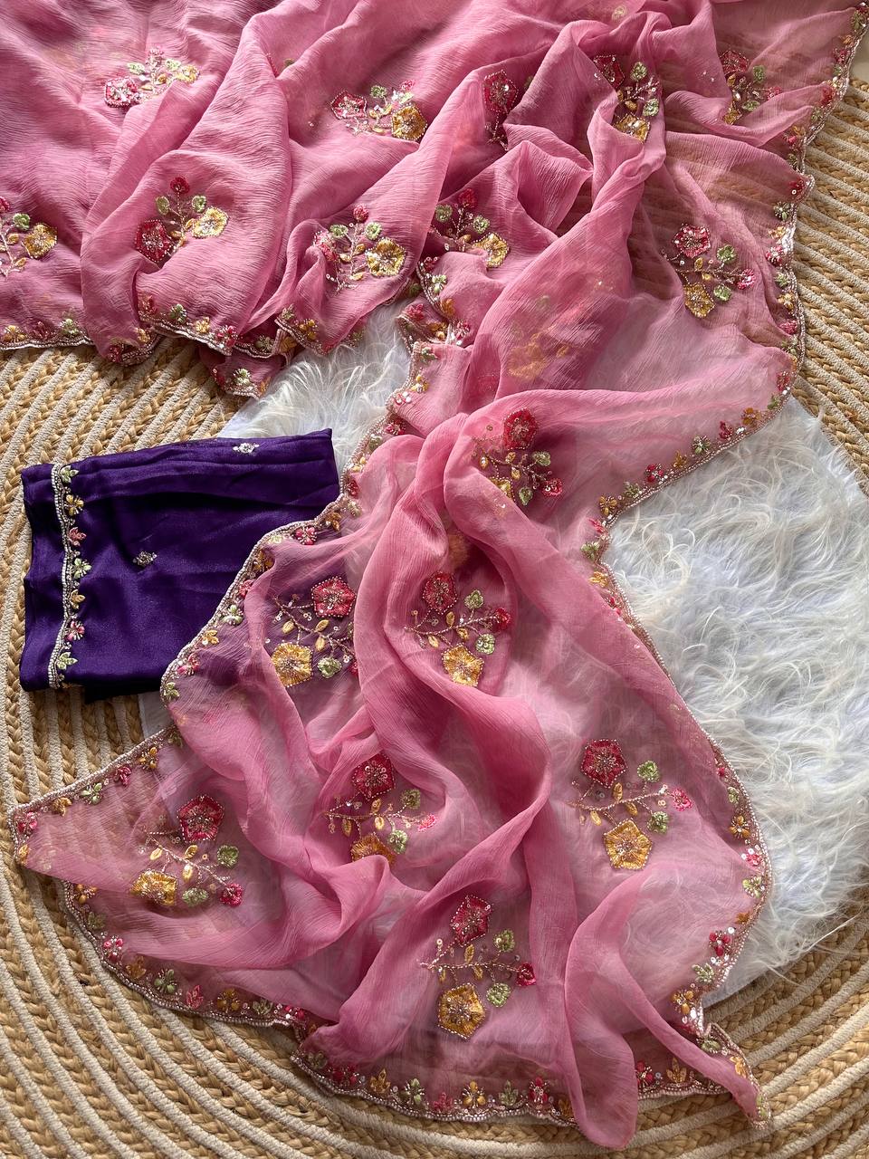 Rose Pink Pure Soft Wari Chiffon Silk Saree with Floral Sequence Cutdana Embroidery & Multi Border Aarco Work