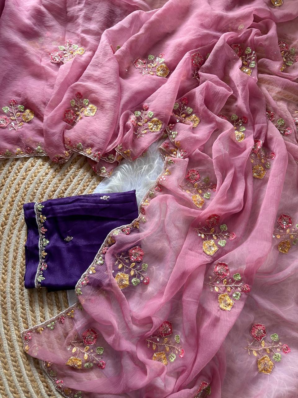 Rose Pink Pure Soft Wari Chiffon Silk Saree with Floral Sequence Cutdana Embroidery & Multi Border Aarco Work