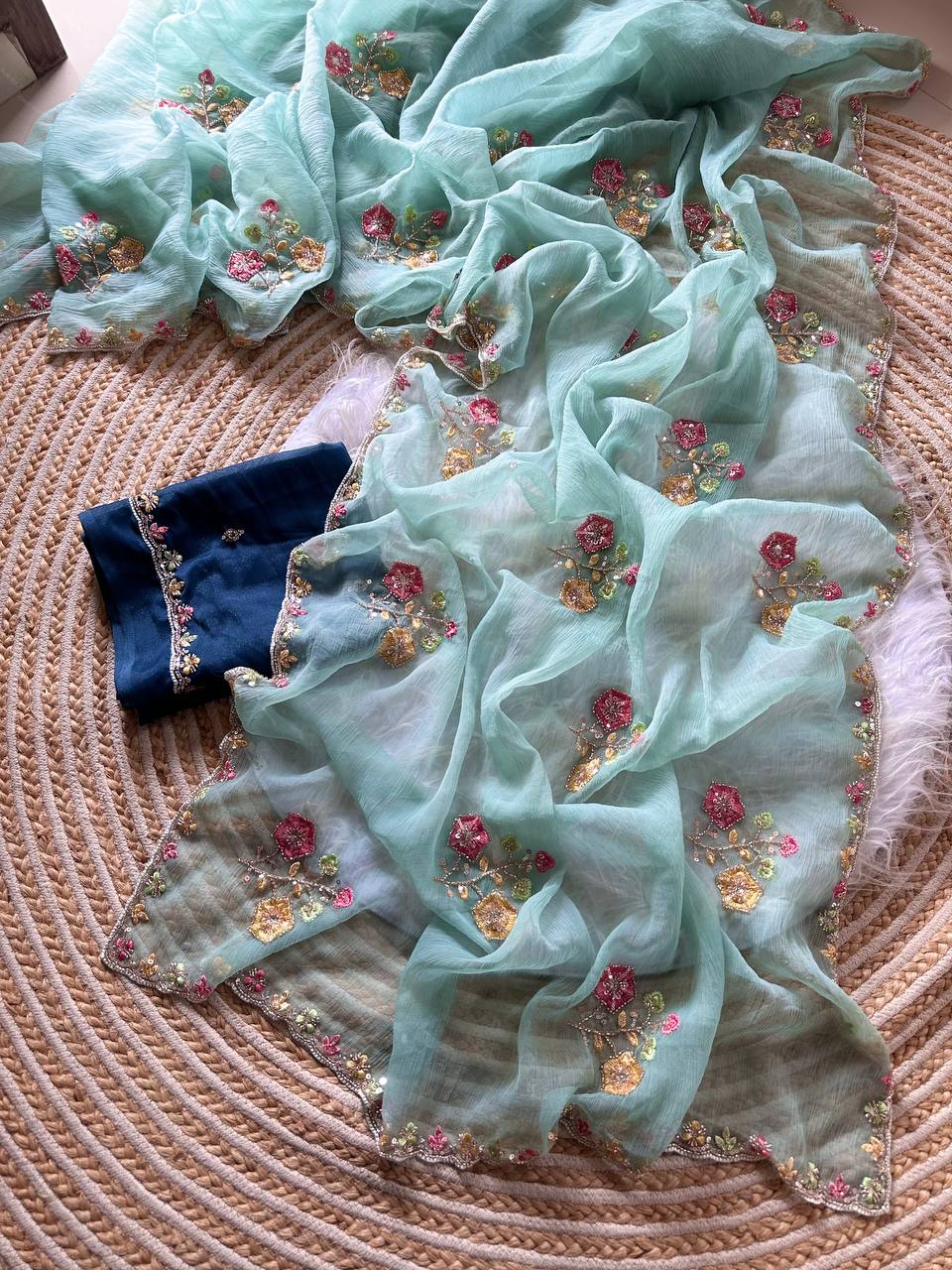 Sea Green Pure Soft Wari Chiffon Silk Saree with Floral Sequence Cutdana Embroidery & Multi Border Aarco Work