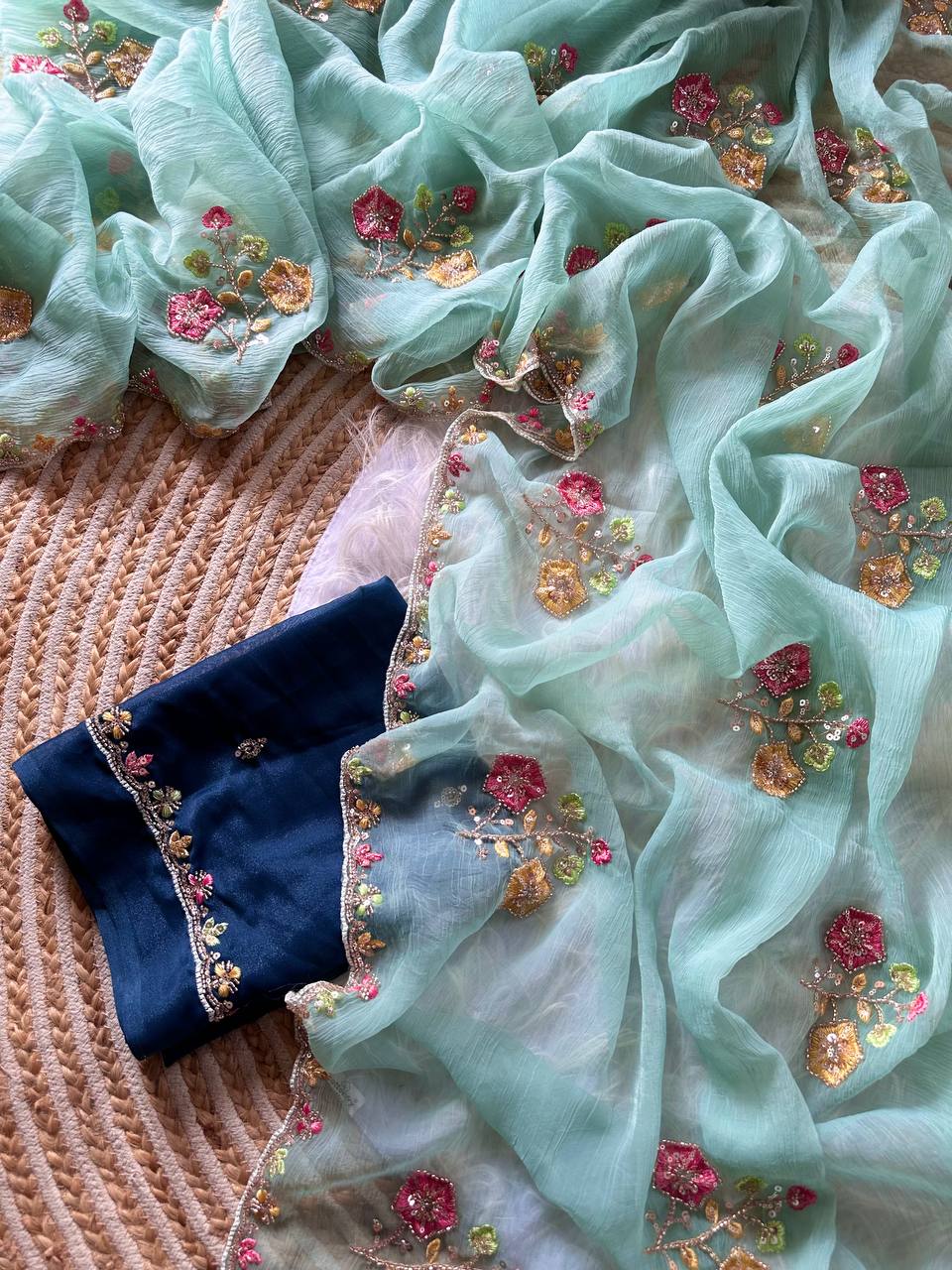 Sea Green Pure Soft Wari Chiffon Silk Saree with Floral Sequence Cutdana Embroidery & Multi Border Aarco Work