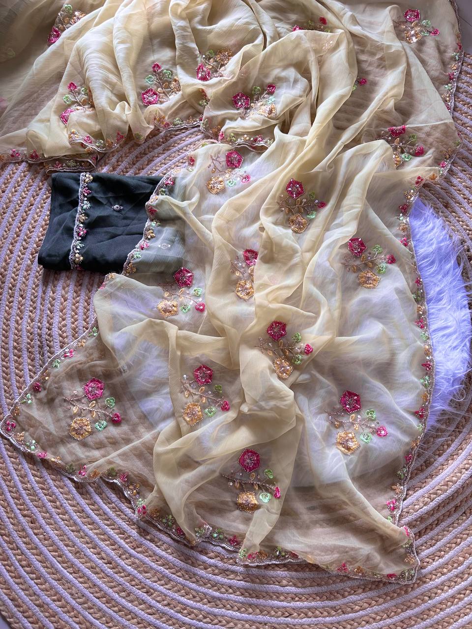 Ivory Gold Pure Soft Wari Chiffon Silk Saree with Floral Sequence Cutdana Embroidery & Multi Border Aarco Work