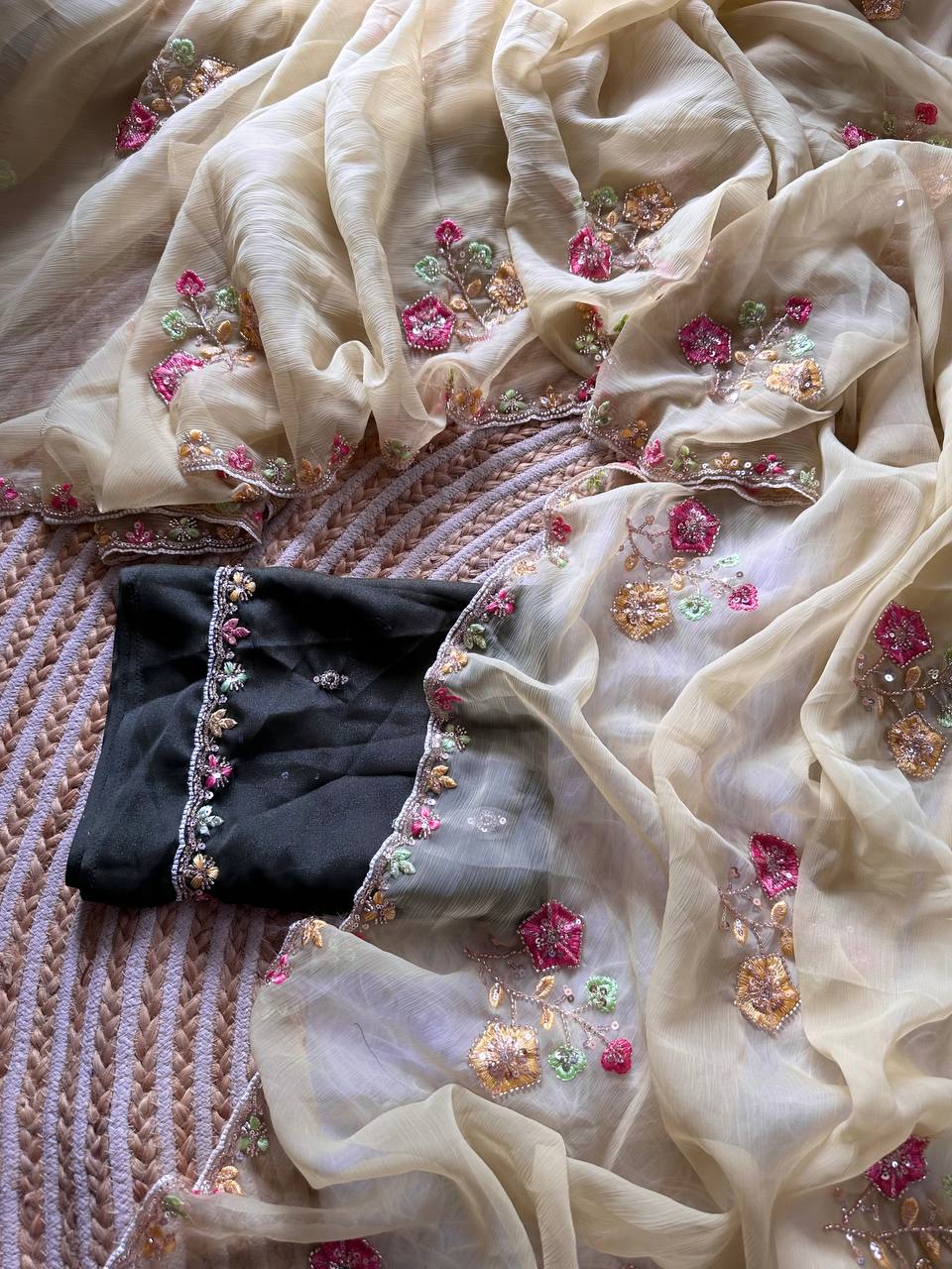 Ivory Gold Pure Soft Wari Chiffon Silk Saree with Floral Sequence Cutdana Embroidery & Multi Border Aarco Work