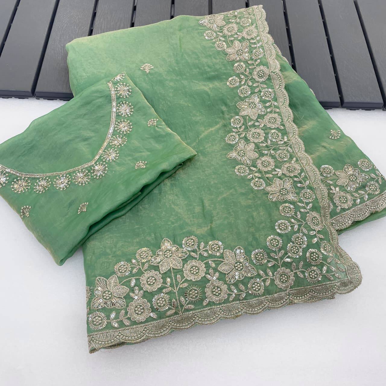 Pista Green Premium Fancy Satin Saree with 3mm Sequence Embroidery & Arco Cutwork Border