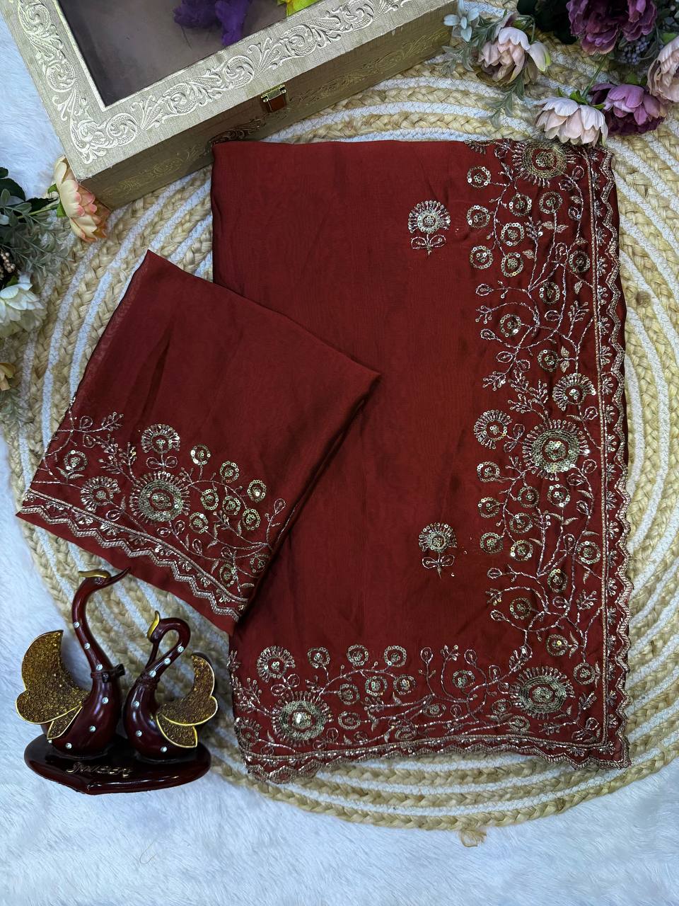 Maroon Lightweight Soft Rangoli Silk Embroidery Work Saree